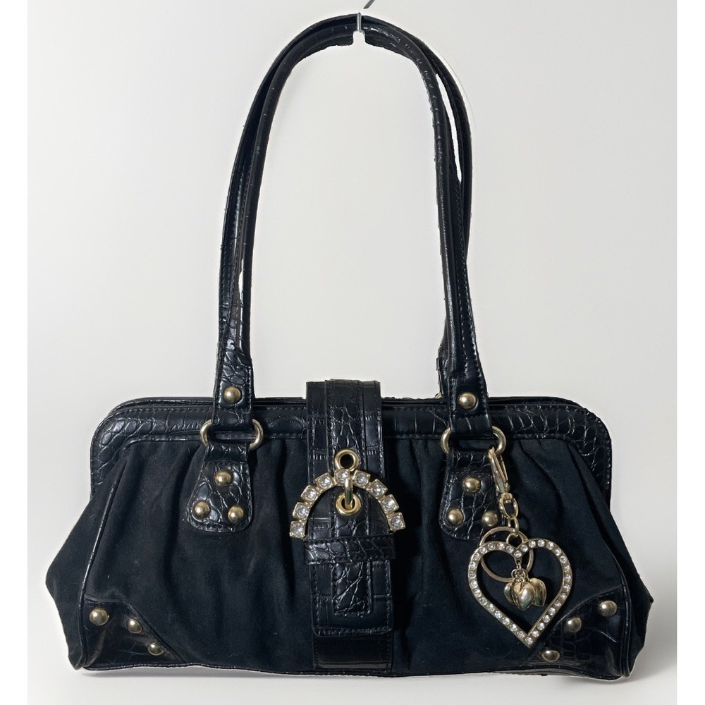 Kathy Von Zeeland Y2K Vintage Black Suede Leather Shoulder Bag Embellished